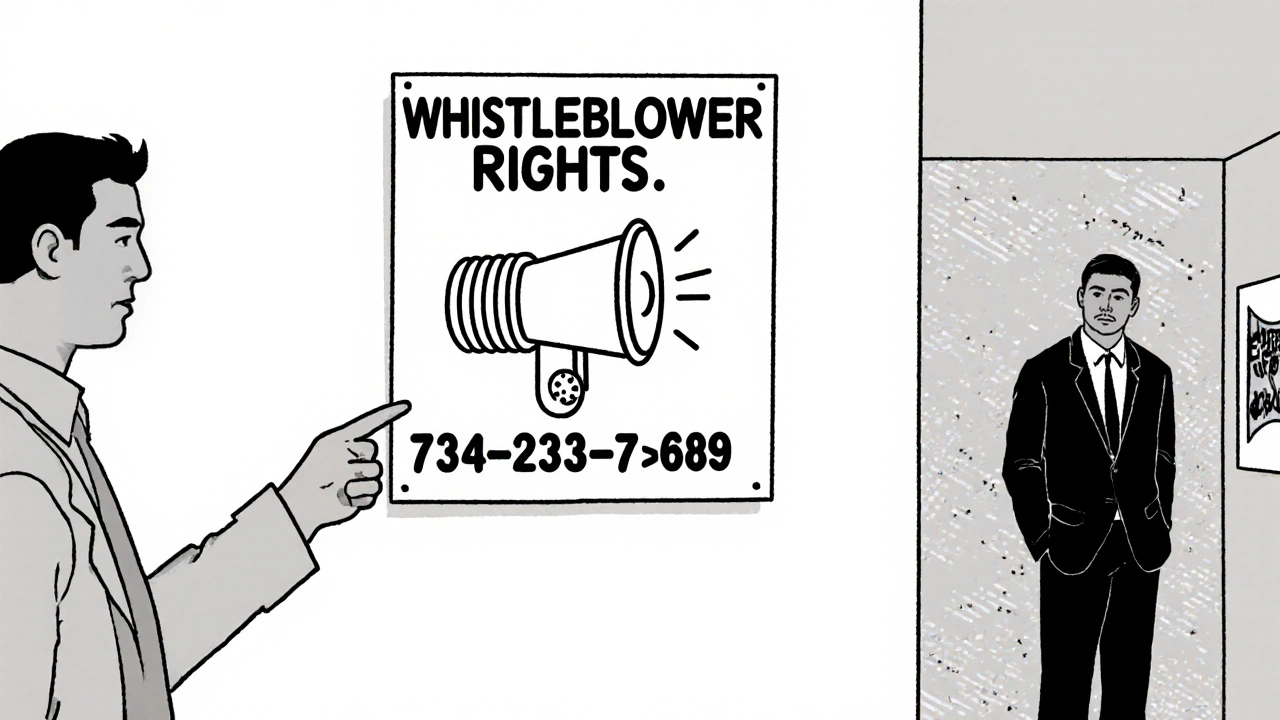 A whistleblower points to a legally required poster on a wall in a California workplace.