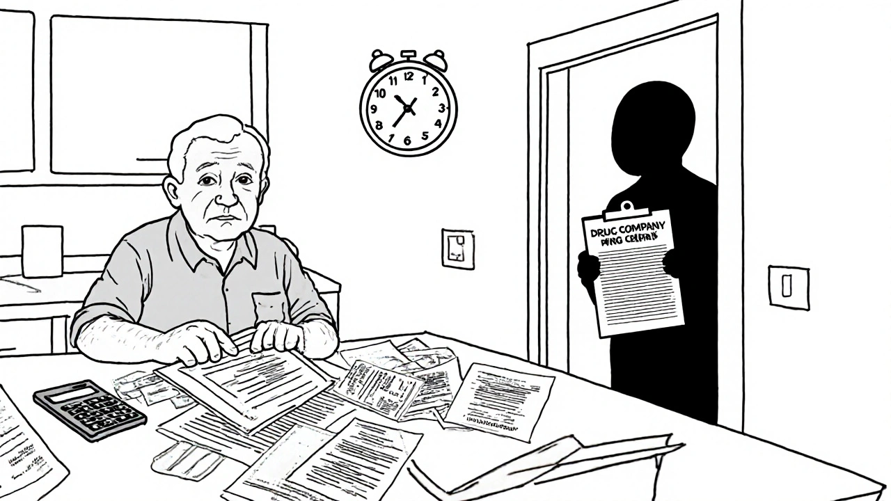 An elderly person at a kitchen table struggling with income forms and an unanswered doctor’s signature.