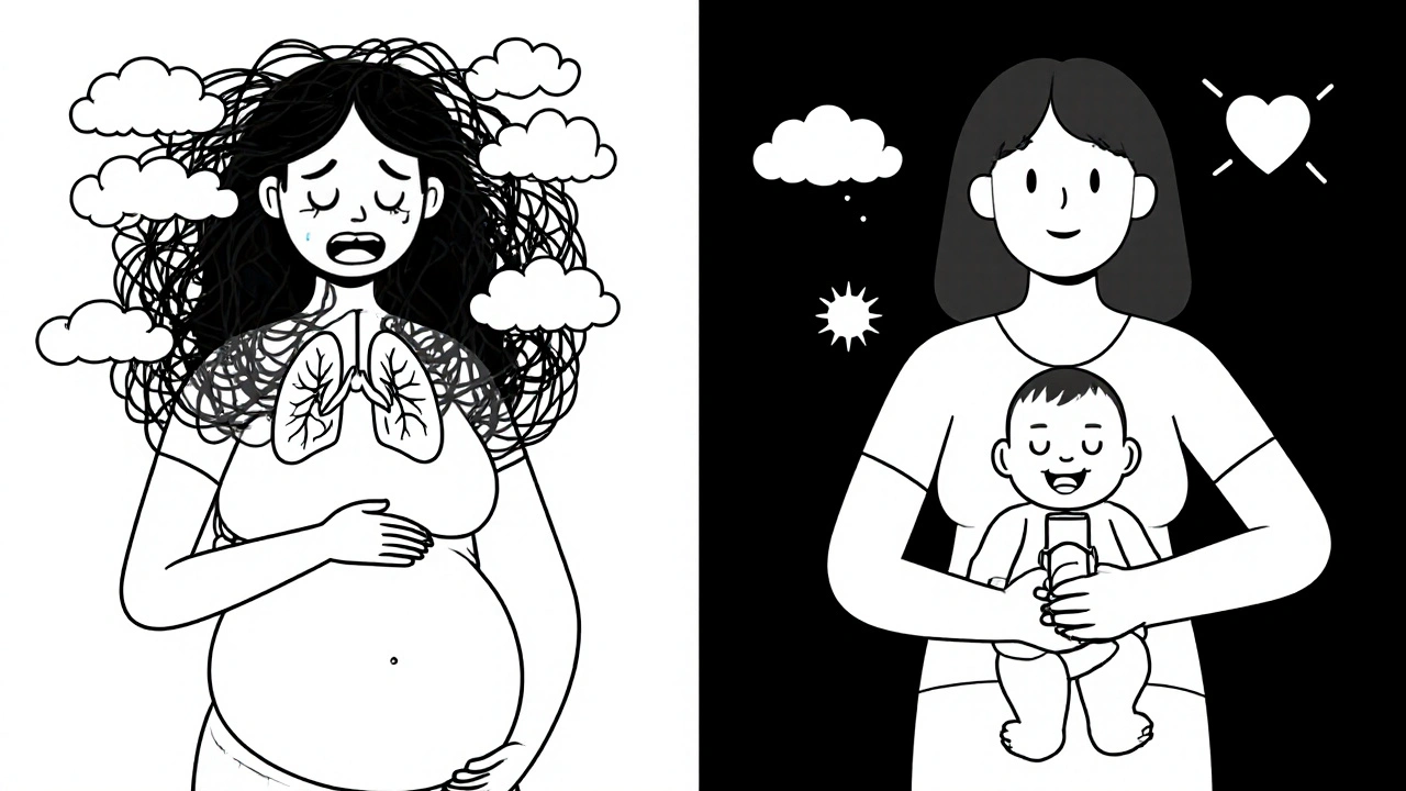 Contrasting images of uncontrolled asthma vs. controlled asthma during pregnancy.