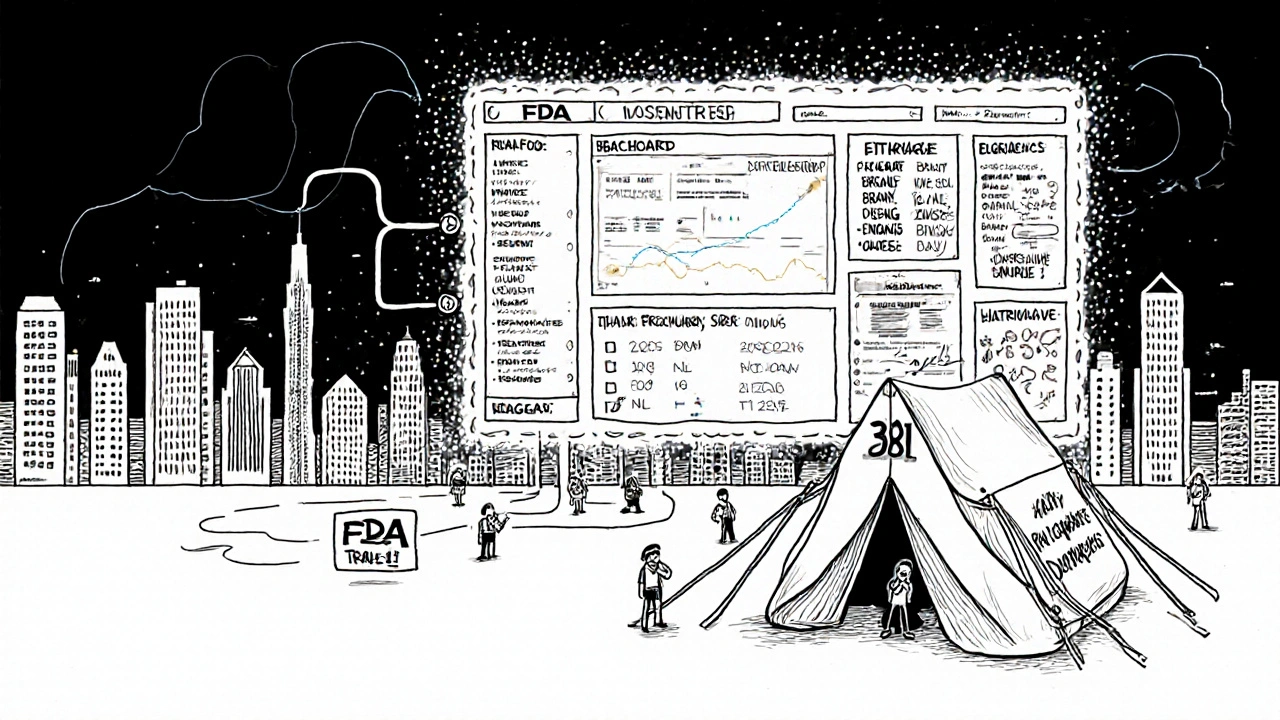 Data stream from real-world patients flowing into FDA dashboard, contrasted with small clinical trial tent.