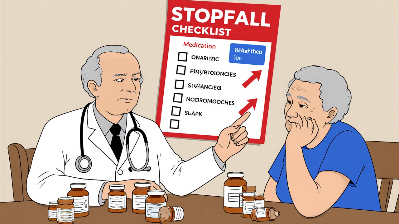 Doctor and senior reviewing medication bottles at kitchen table with STOPPFall checklist on wall.