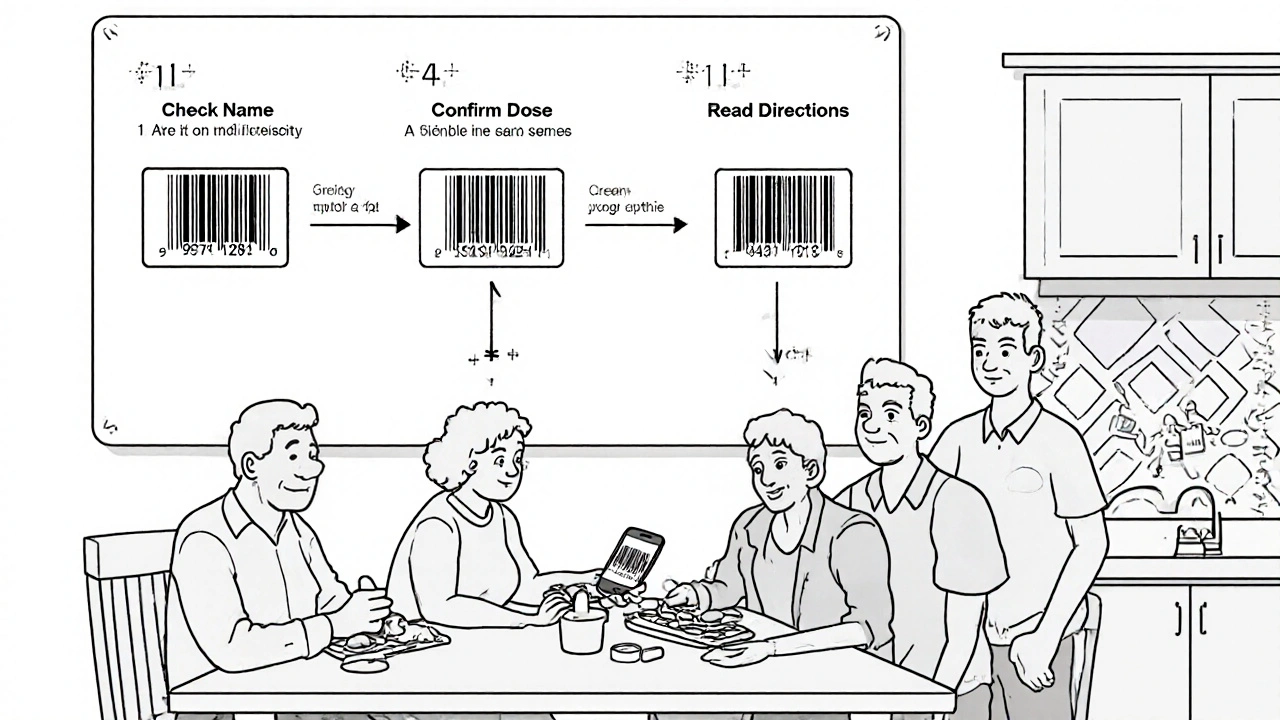 Family helping an older relative use a pill organizer and medication app at the kitchen table.