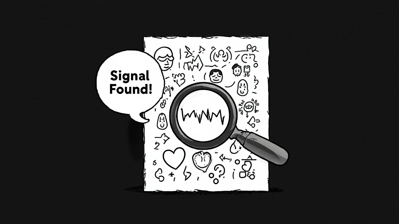 Magnifying glass reveals a pattern of heart symptoms among scattered medical reports.