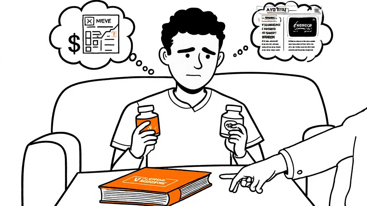 Man confused about pills, thought bubbles show savings vs. ads, pharmacist pointing to FDA Orange Book with AB rating.