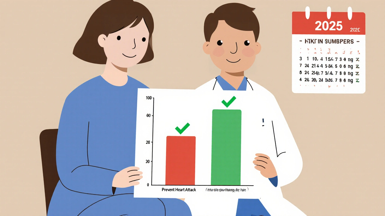 Patient and doctor view a chart comparing large benefit bar to small risk bar.