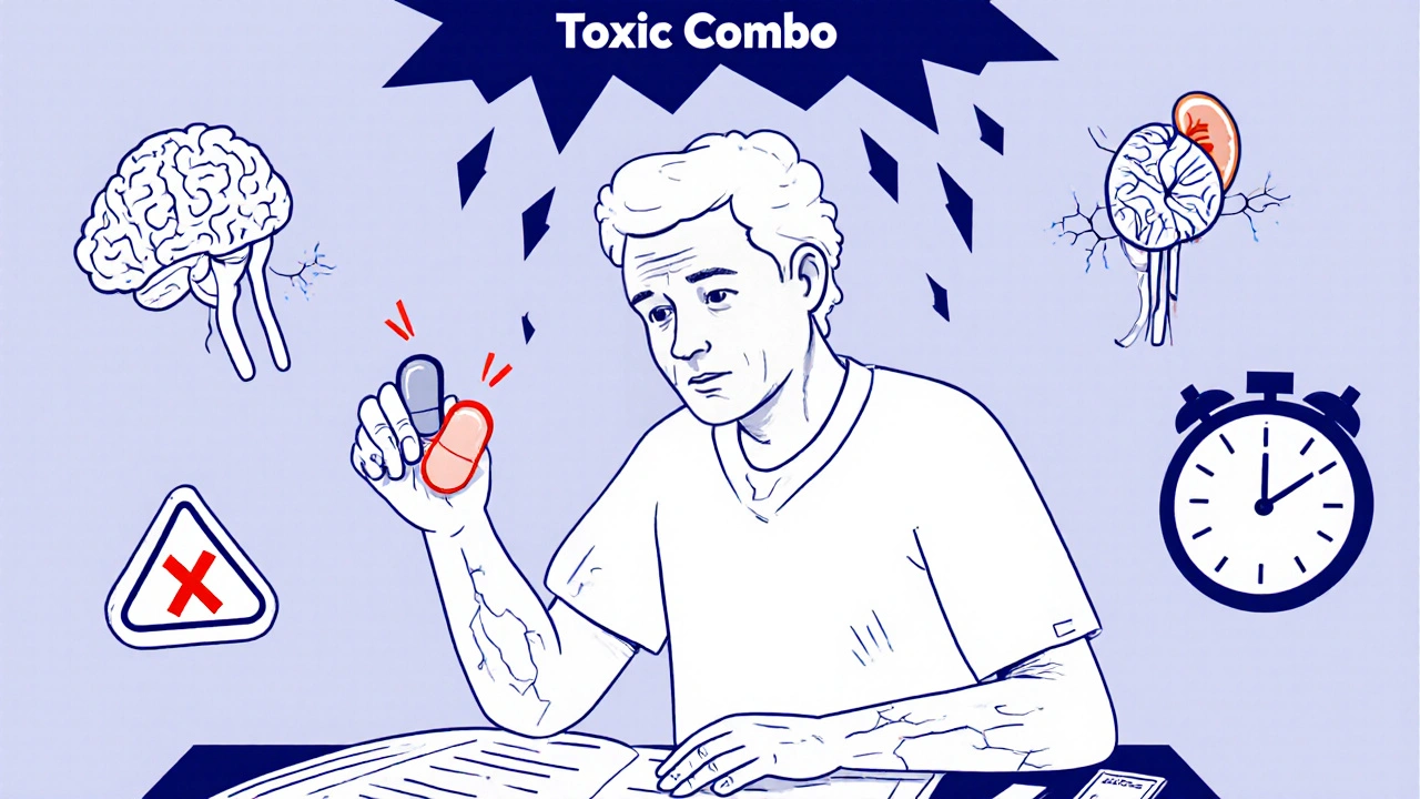 Patient holding pills as a storm cloud of toxicity looms over their body with medical warning symbols.