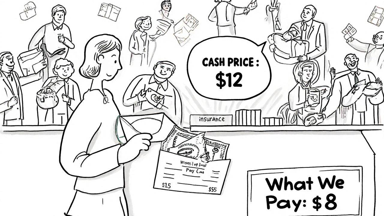 Patient paying cash for generic drug at pharmacy, with insurance copay higher than cash price.