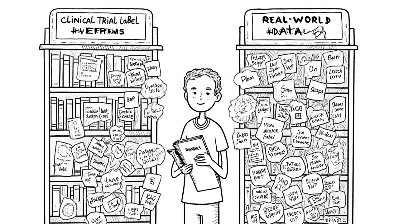 Patient with symptom notebook between two bookshelves: one with few side effects, the other overflowing with real-world reports.