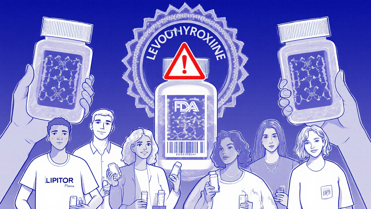 People holding generic and brand pills with transparent molecular structures inside, FDA seal above, warning icon on thyroid med.