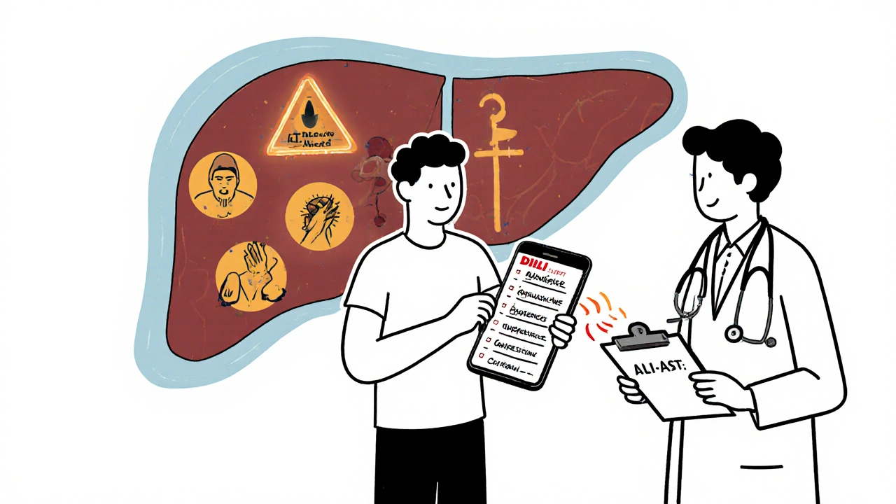 Person holding medication list in front of doctor&#039;s office, with transparent liver displaying warning signs.