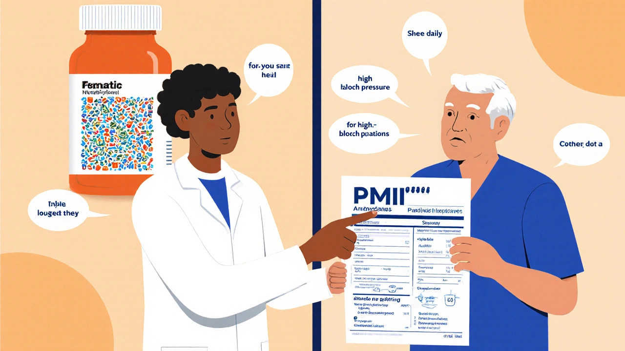 Pharmacist explaining a simplified medication guide to an elderly patient at a pharmacy counter.