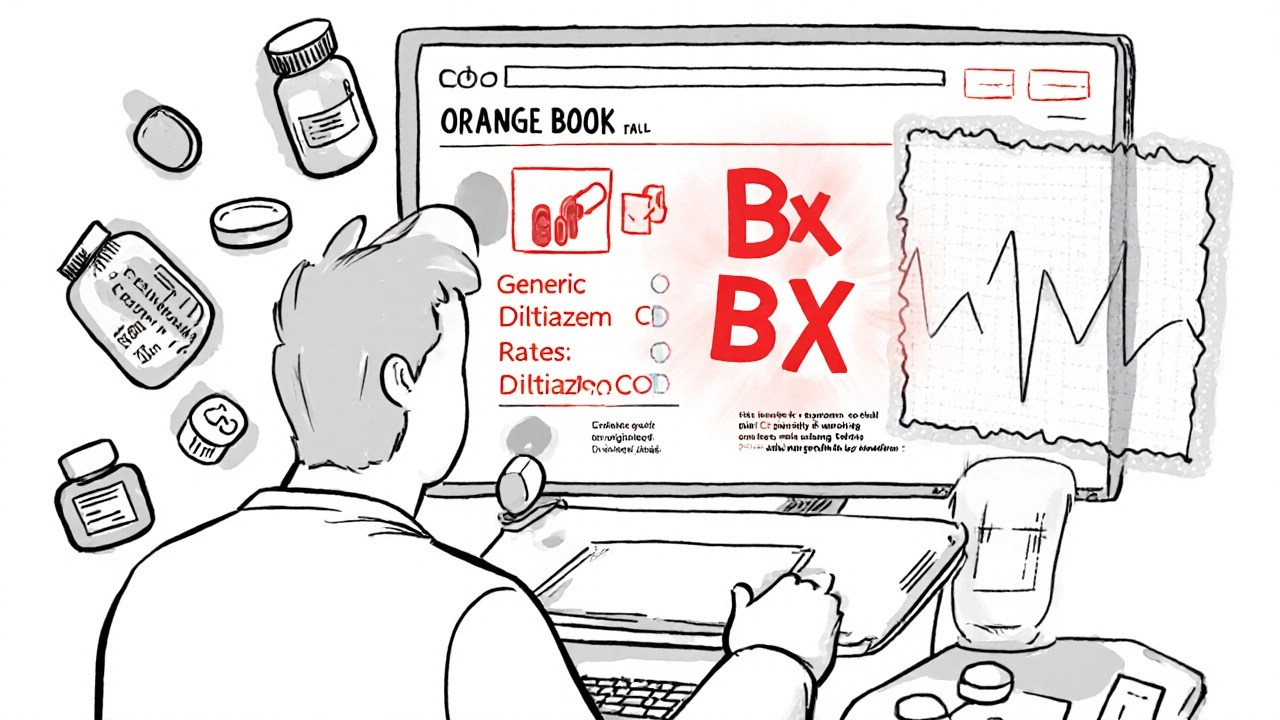 Pharmacist reviewing FDA Orange Book on screen, highlighting a BX-rated generic medication.