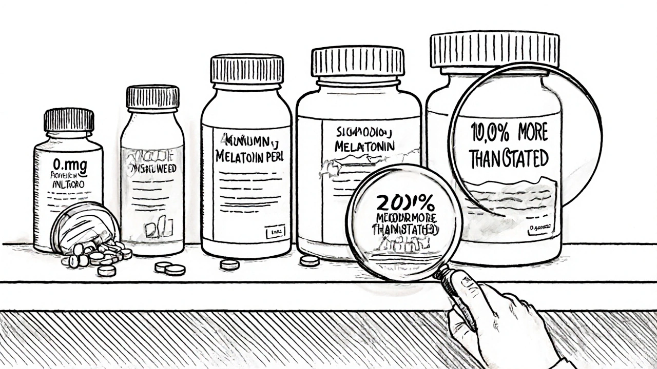 Pharmacy shelf with melatonin bottles of varying doses, one cracked open revealing inconsistent pills.