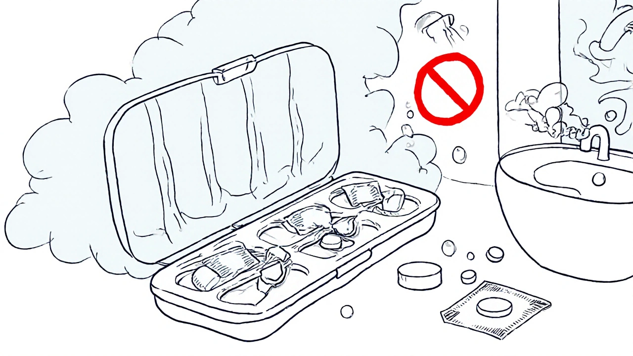 Pill organizer with silica gel packets, one crumbling pill beside it, bathroom steam in background.