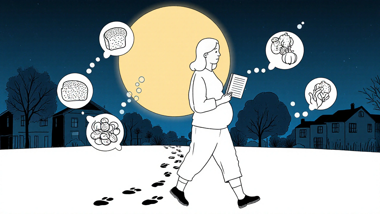 Pregnant woman walking peacefully at dusk, holding a glucose logbook under a moonlit sky.