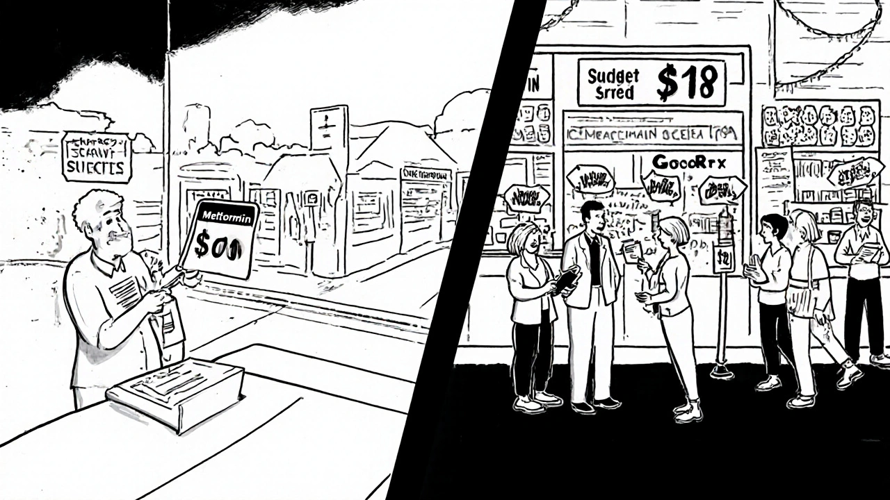 Rural pharmacy charging  for metformin vs. urban pharmacy charging , showing price disparity.