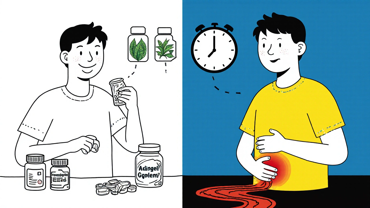 Split illustration showing a person before and after liver damage from medications and supplements.
