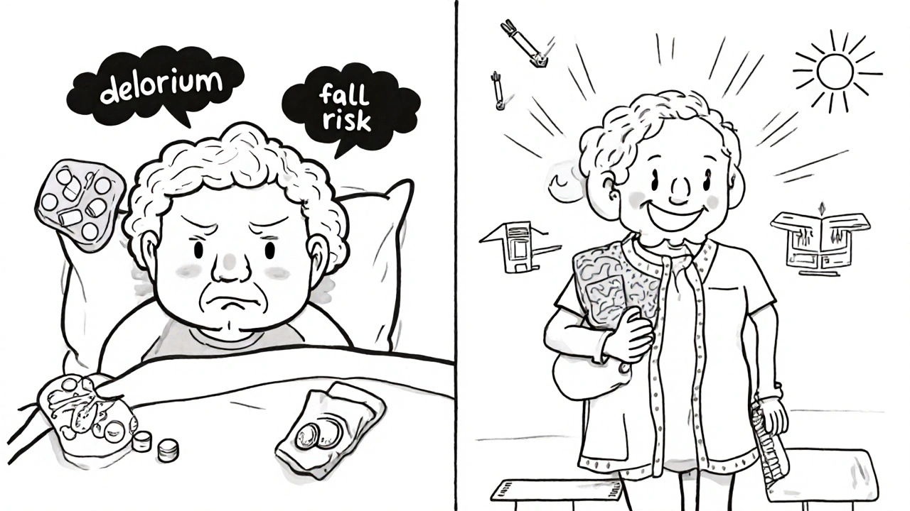 Split image: elderly person with opioids and delirium vs. same person using safe pain alternatives.