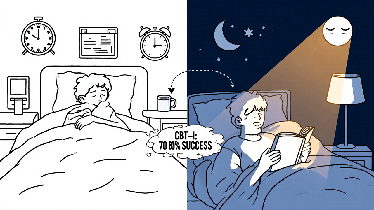 Split scene: restless night vs calm bedtime routine with book and lamplight, symbolizing better sleep habits.