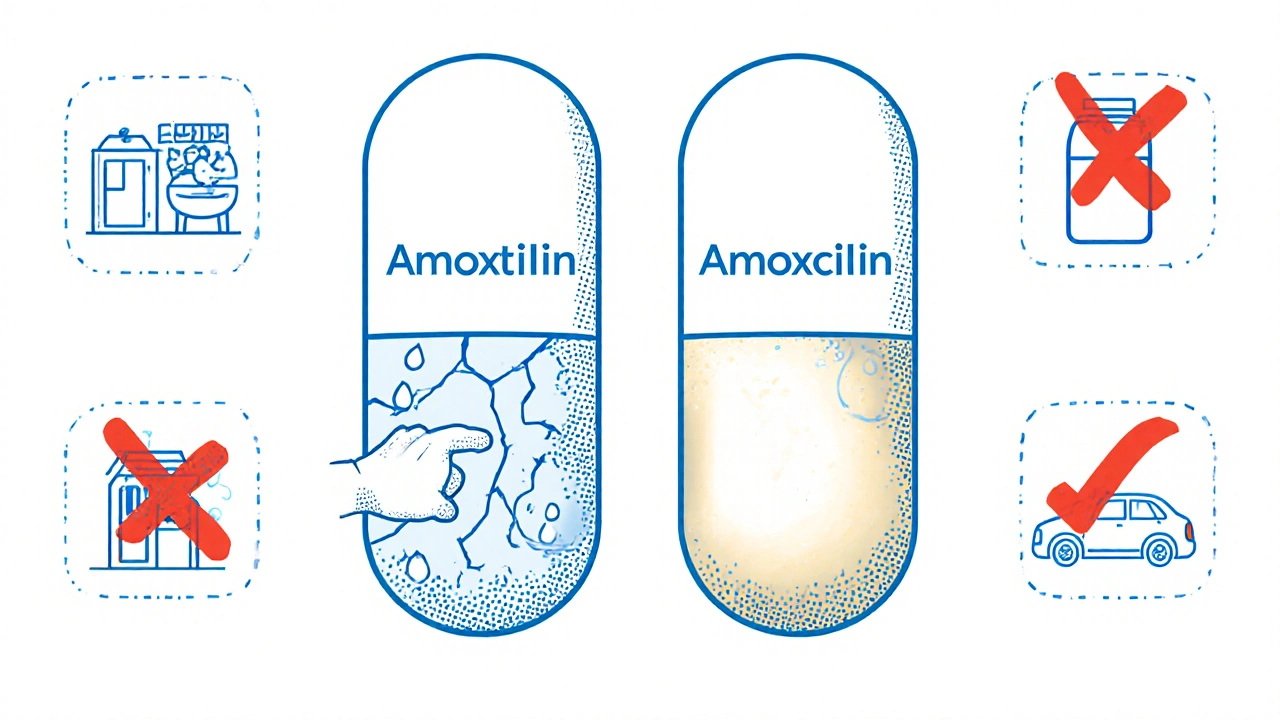 Two pills side by side: one degrading, one protected by PVA coating, with humid locations marked by X&#039;s.