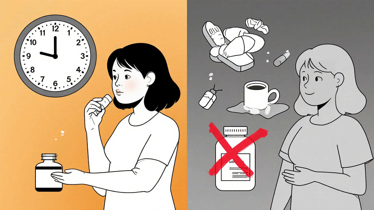 Woman taking thyroid pill in morning vs. blocked absorption by coffee and calcium