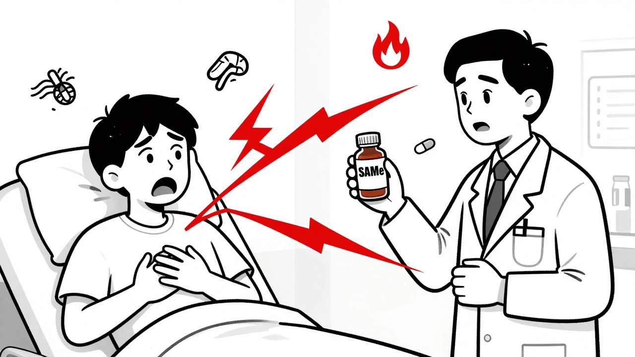 A patient in an ER with medical staff holding SAMe and antidepressant bottles, surrounded by symptoms like racing heart and fever.