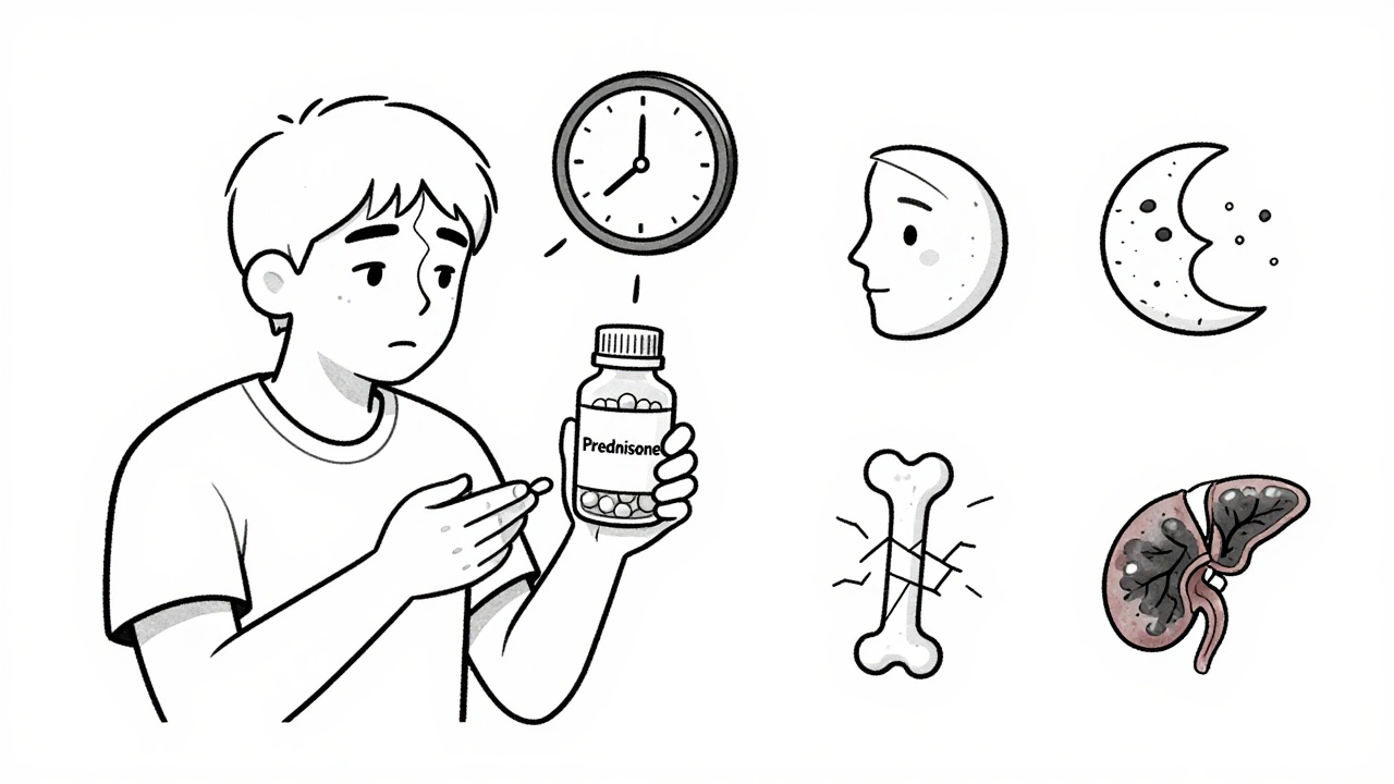 A patient with cartoon side effects of prednisone: moon face, brittle bones, and shrinking adrenal gland.