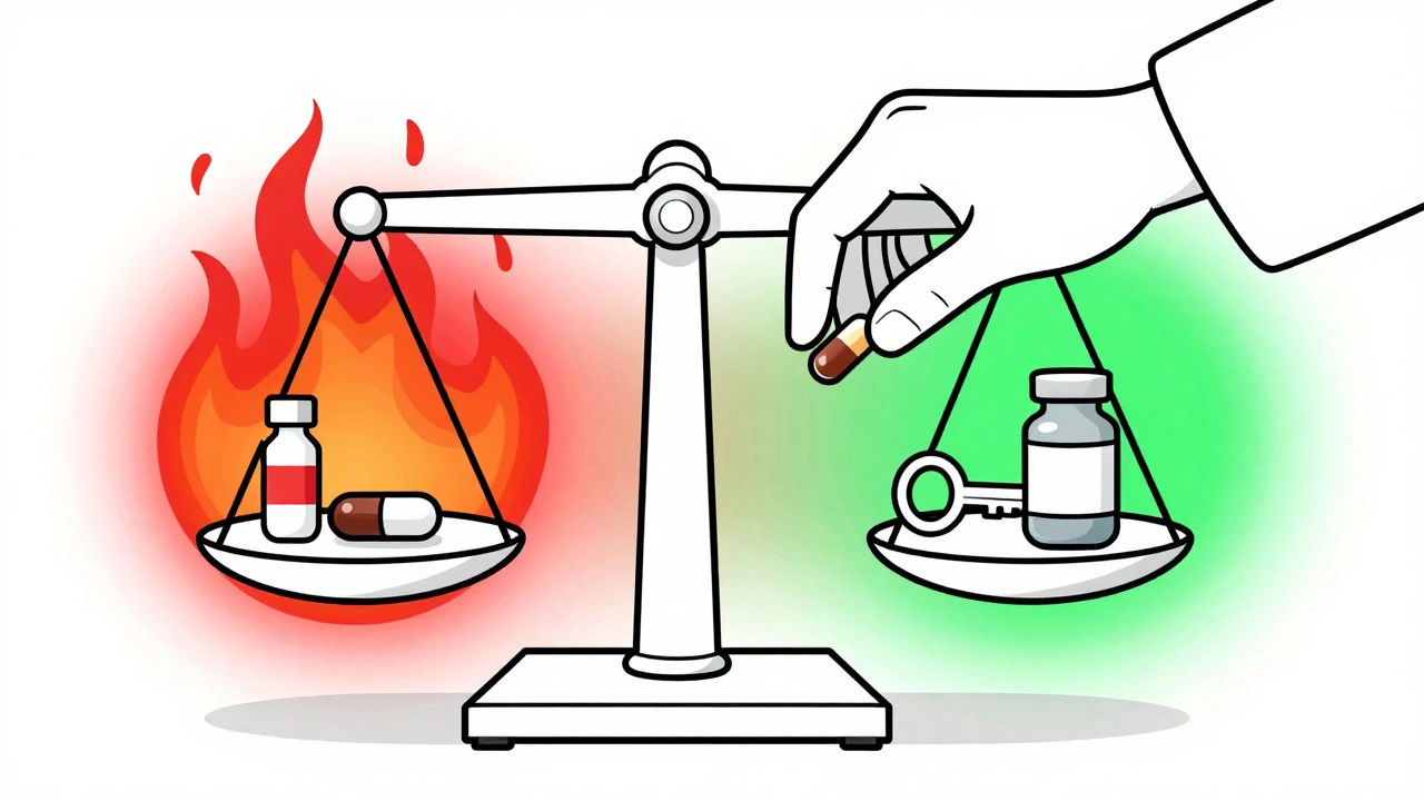 A scale balancing steroid pill with a biologic drug, symbolizing transition to safer treatment.
