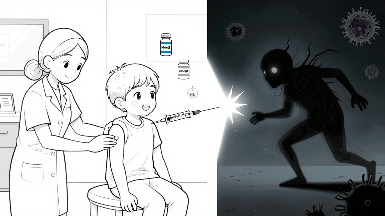 Child getting vaccinated as meningitis shadow fades away, vaccine icons above