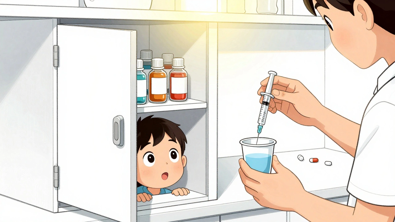 Child looking up at a locked cabinet where medicine is safely stored.