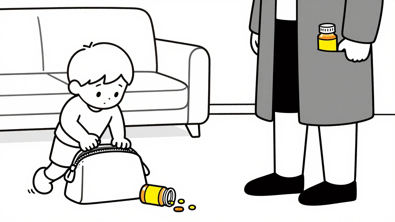 Child pulling pills from an open purse on the floor.