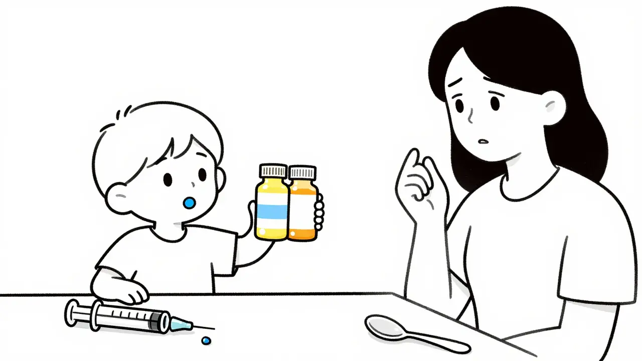 Child refusing blue generic pill while pharmacist holds two different medicine bottles beside a kitchen spoon.