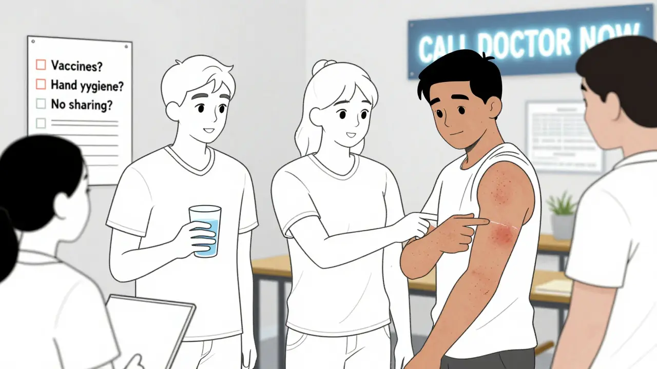 College students in dorm discussing symptoms and vaccines, checklist on wall