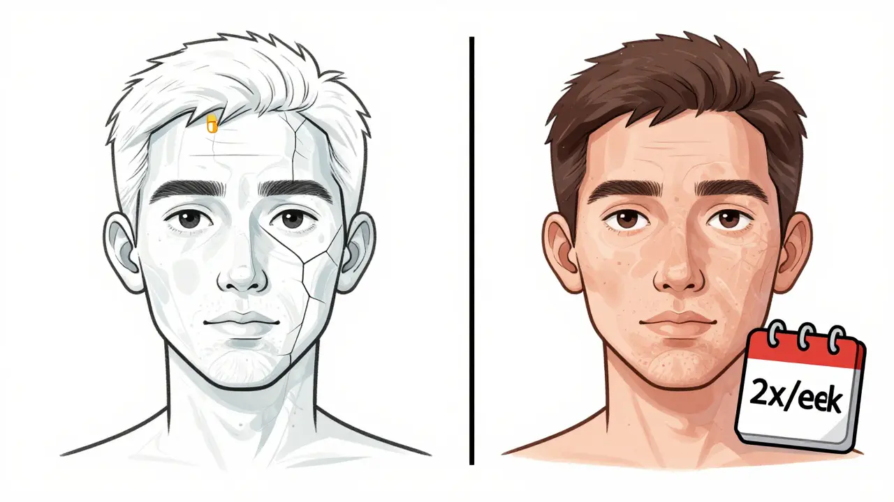 Contrasting images of skin damage from overuse vs. safe proactive steroid use for eczema prevention.
