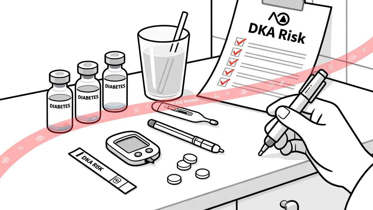 Diabetes sick day kit on counter with insulin, ketone strips, fluids, and checklist.