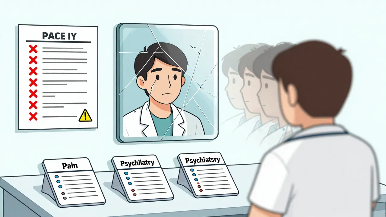 Doctor's desk with multiple prescriptions and a warning-filled medication list, reflecting a patient's fragmented identity.