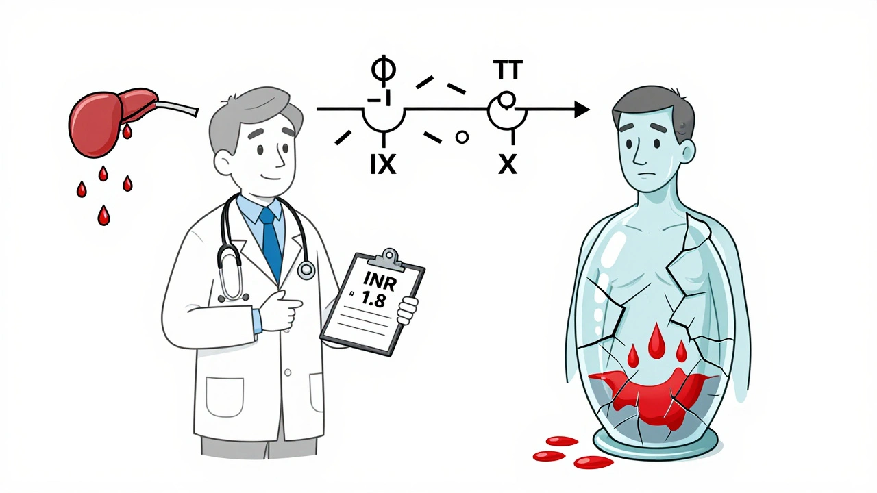 Doctor holding INR reading next to patient with leaking clotting system, illustrating unreliable INR in liver disease.