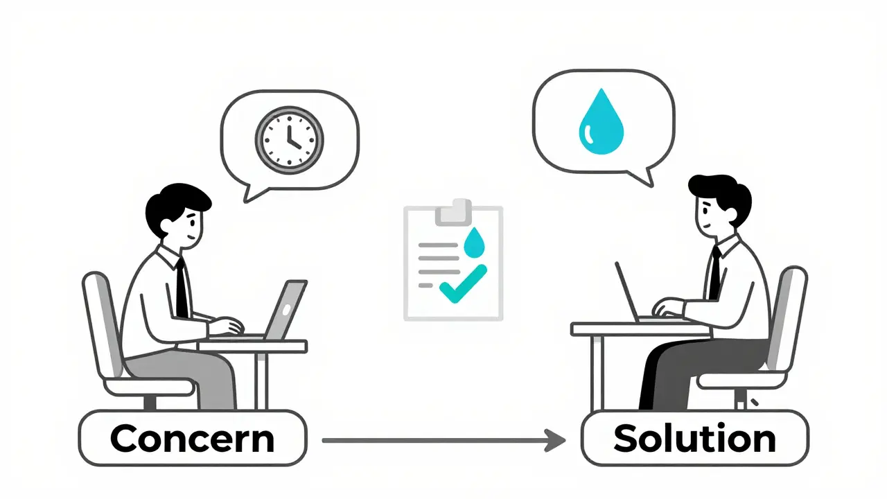 Employee and employer communicating through icons, doctor's note visible but no medication names shown.