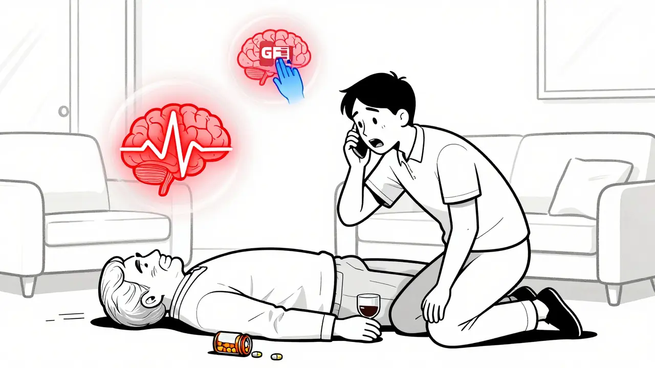 Family member calling emergency services beside an unresponsive elderly person with pill bottles and wine nearby.