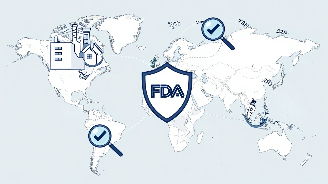 Global factories connected to FDA shield with inspection checkmarks and impurity limits