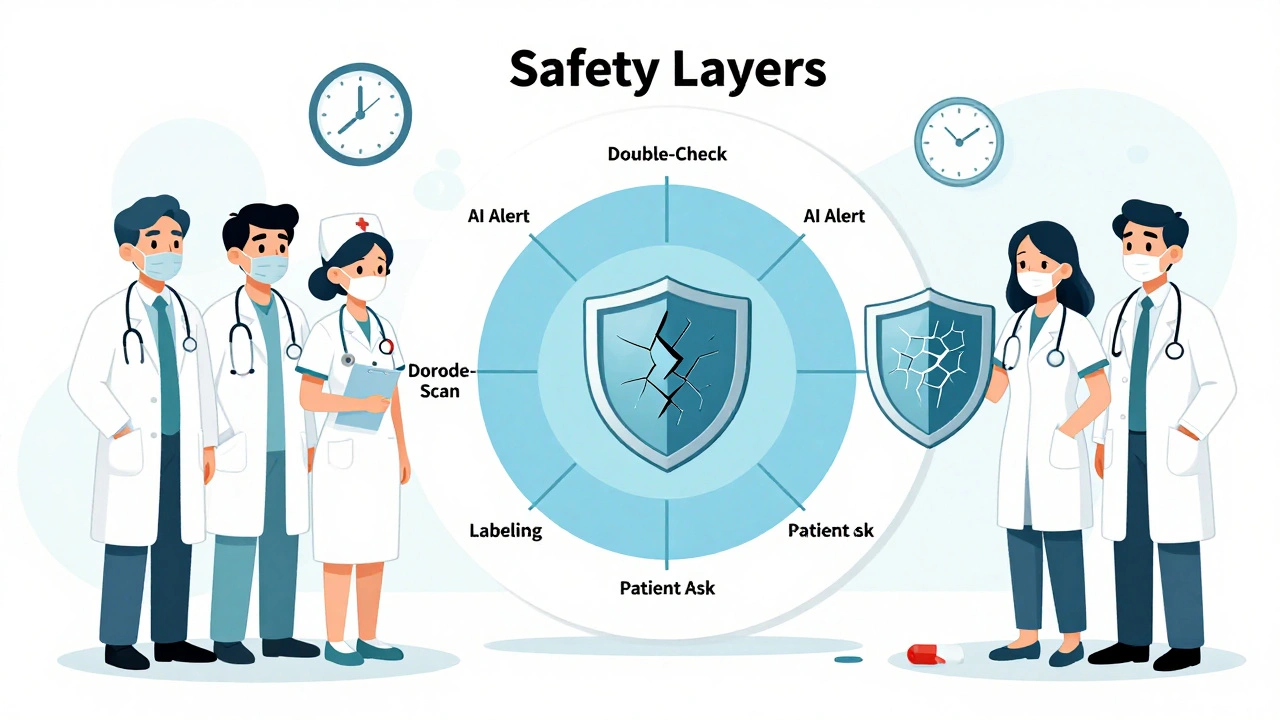 Healthcare team surrounding a diagram of safety layers, each a protective shield against medication errors.