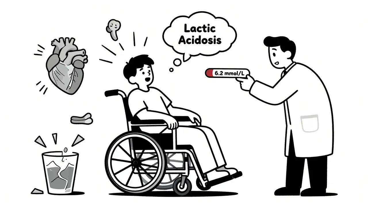 Hospital scene with patient showing symptoms of lactic acidosis and a blood test reading.