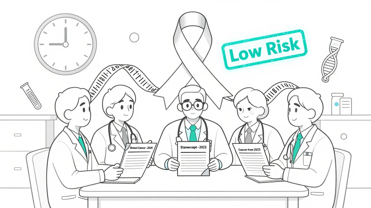 Medical team reviewing patient records with genetic code and &#039;Low Risk&#039; stamp, hinting at future personalized medicine.