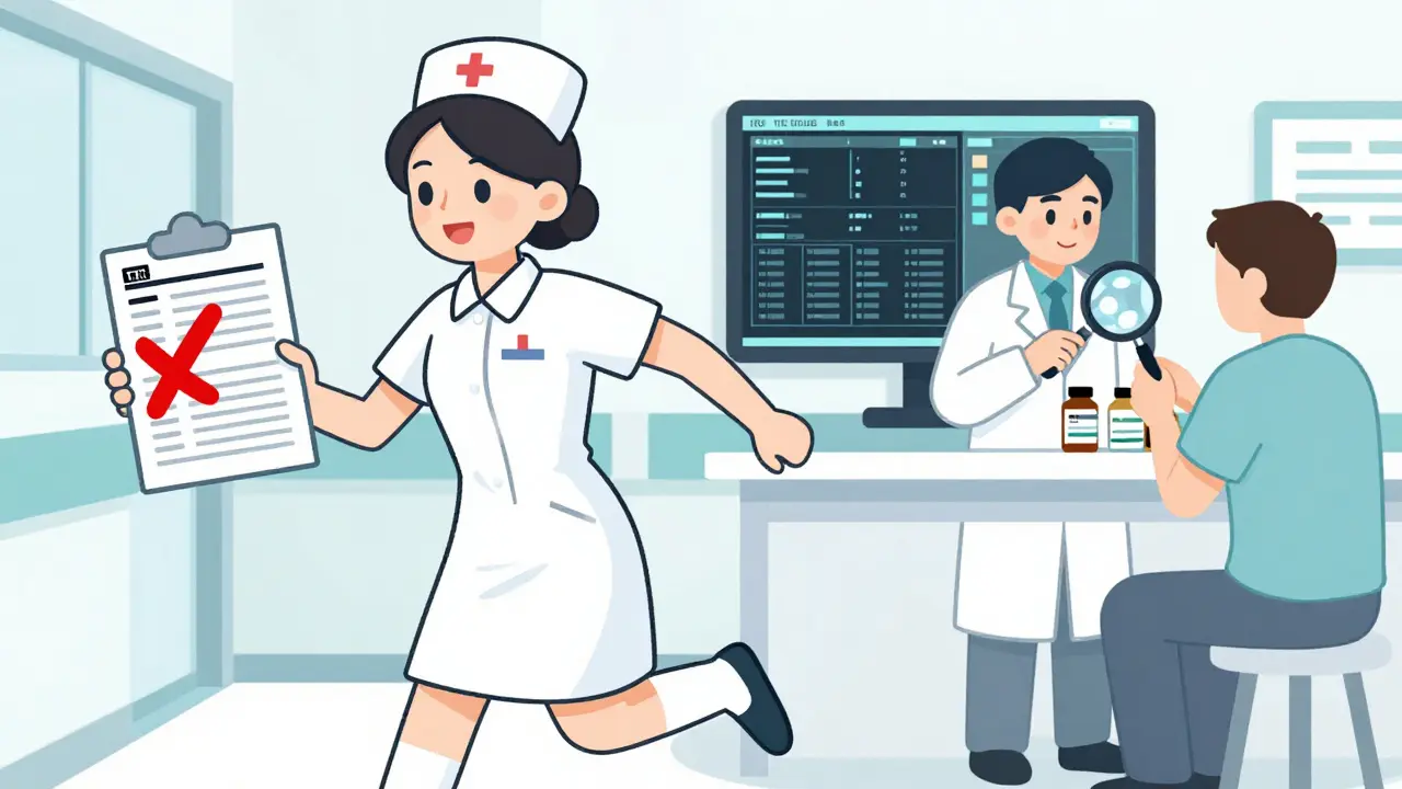 Nurse rushing past incomplete discharge form as pharmacist carefully reviews pills with patient.