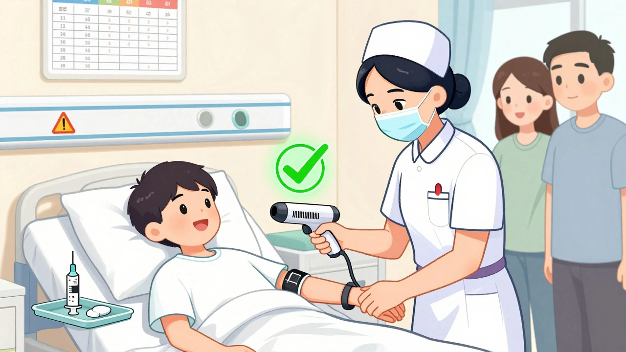 Nurse scanning a patient’s wristband and medication barcode at bedside with a green success indicator.