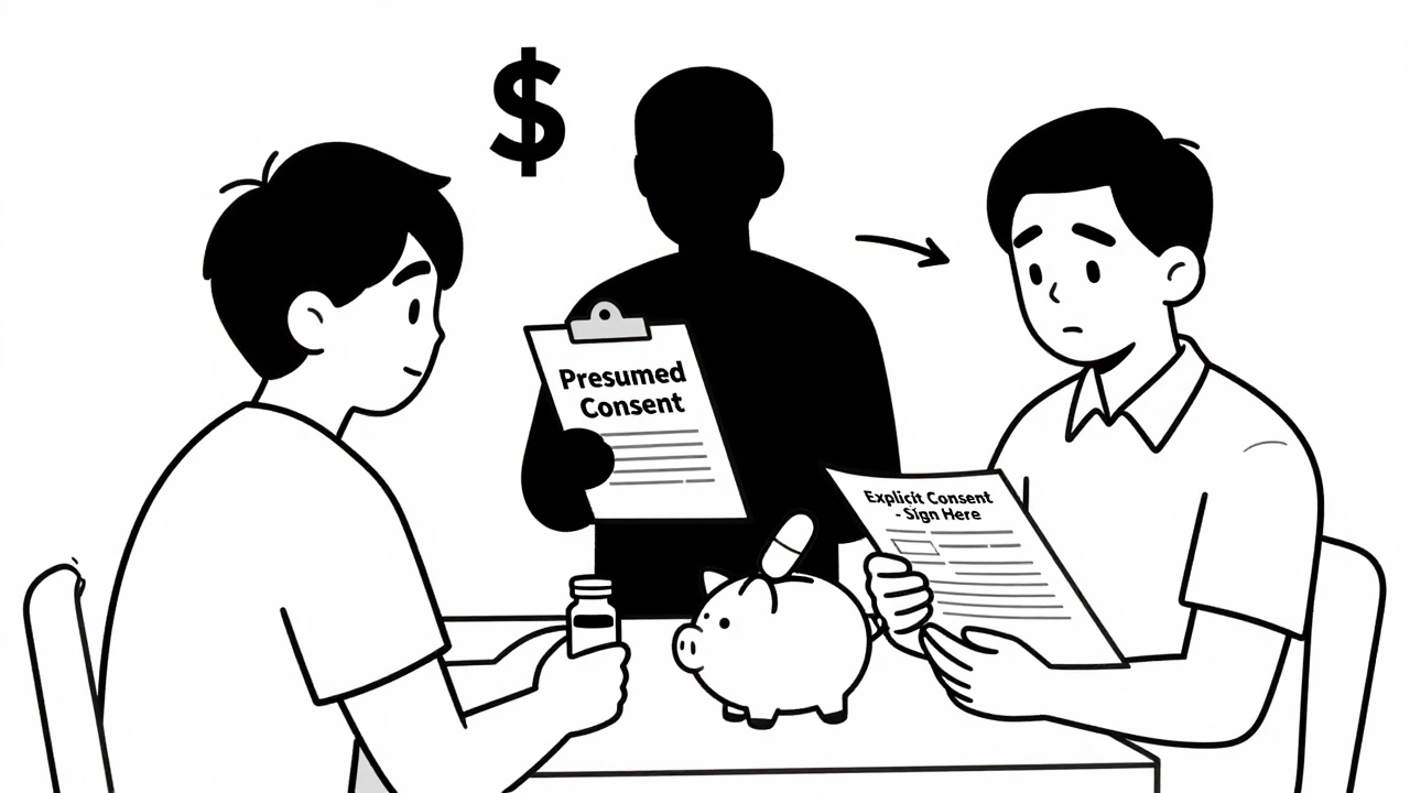 Patient accepts generic medication under presumed consent while another hesitates at a form.