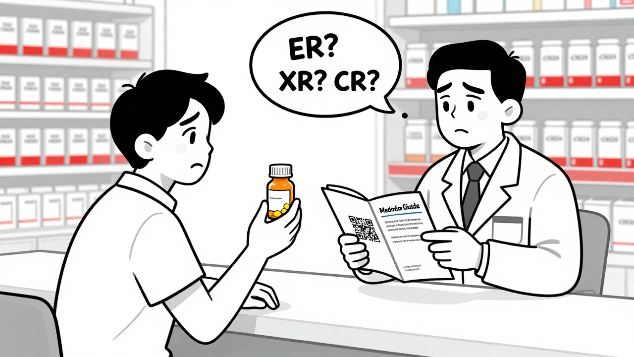 Patient and pharmacist at pharmacy counter, with Medication Guide and QR code visible on pill bottle label.