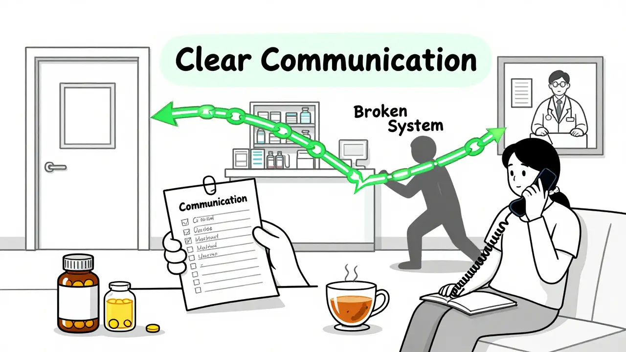 Patient at home with written med list and pill bottles connected by chain to care providers.