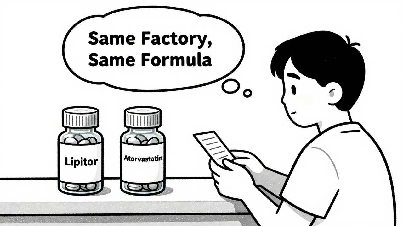Patient comparing brand and authorized generic pill bottles with identical pills inside.