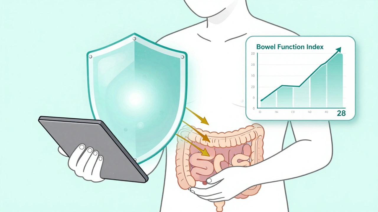 Patient taking PAMORA tablet as it blocks opioids from gut, with bowel function chart nearby.